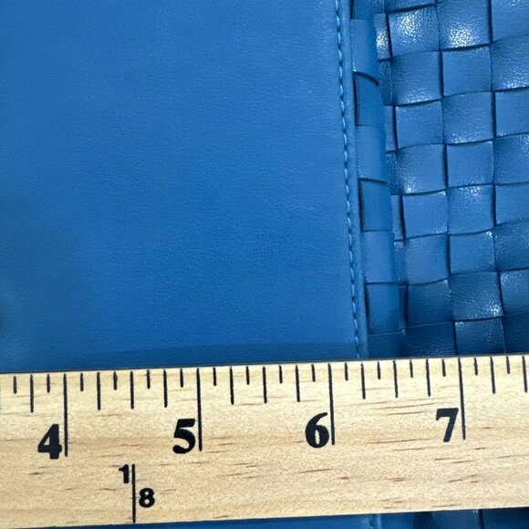 Joan Rivers Slouchy Teal Faux Leather Woven Tote Shoulder Bag Gold Chain Strap L - Picture 9 of 16